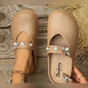 Tan Mules with Pearl and Rhinestone Details